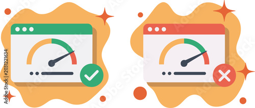 Website Performance Gauges with Check and Cross vector
