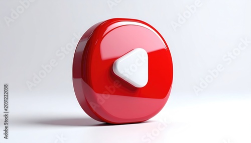 A glossy red circular button with a white triangular play icon