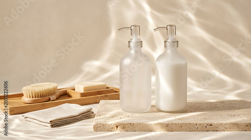 Minimalist soap bottles on a wooden tray in a bright bathroom se