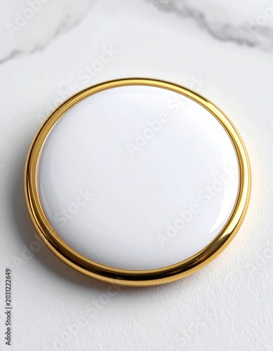White circular object with a gold rim on a marble surface
