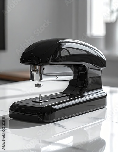 Gleaming black office stapler on a polished surface, reflecting light