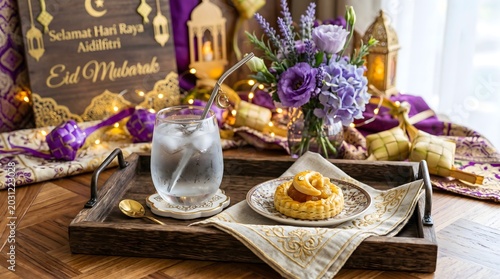 Festive Hari Raya Aidilfitri and Eid Mubarak table setting with sweet pastry, iced beverage, traditional ketupat, and floral decorations