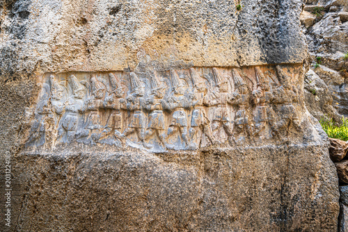 The scenic views of Yazılıkaya, located 2 km to the northwest of Hattusas historical site, the Open Air Shrine of the Hittite Empire in Çorum, Turkey.