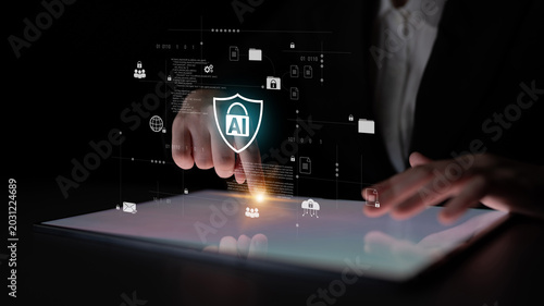 Foto AI cybersecurity system protects digital assets through intelligent detection, access control, and threat prevention, enhancing security, resilience, and network trust