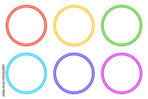 Neon circle frames vector set with glowing rainbow colors. Universal templates with light circles for social media avatars, icons, logos, and price tags.