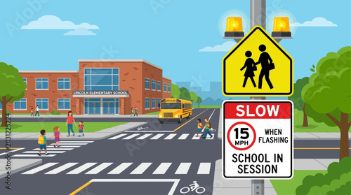 Fotografie Educational cartoon showing children safely crossing a street at a school zone c