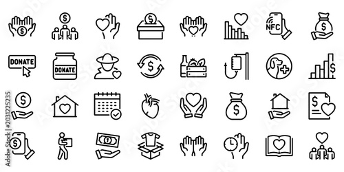 Konstfotografi Donation Line Icon Set, Charity Support Vector Transparent Background