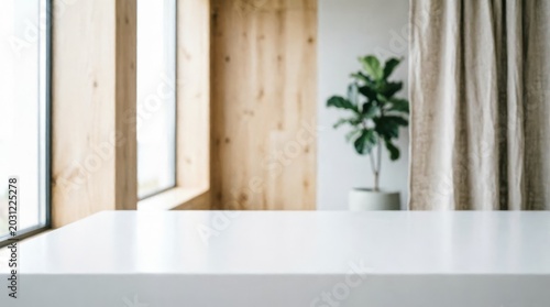 Minimalist White Desk with Wooden Window Frame and Green Plant for Web Design