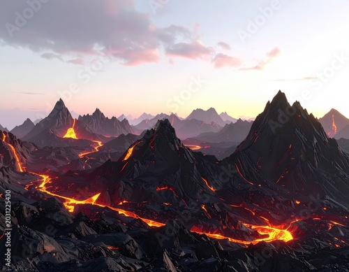 Volcanic landscape with molten rivers flowing between jagged peaks at dusk