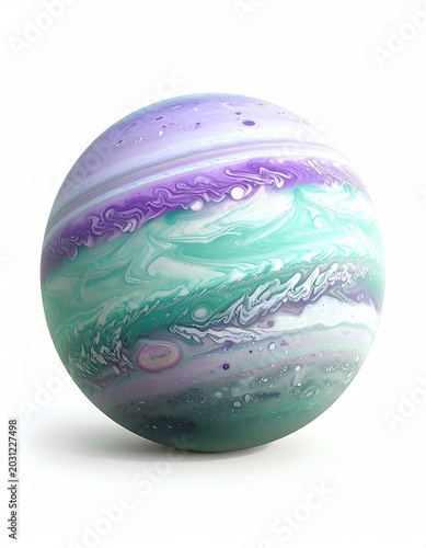 Swirling purple, teal, and white clouds on a spherical planet