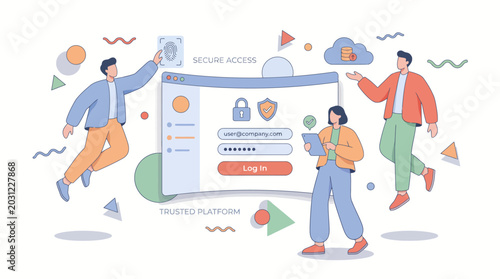 Team interacting with fingerprint and cloud security interface.