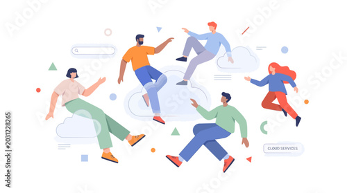 Diverse people floating around digital clouds and abstract symbols.