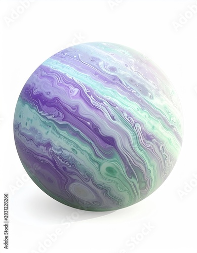 Swirling purple and teal clouds form a beautiful, textured gaseous sphere