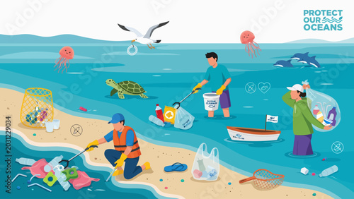Full color vector illustration of ocean cleanup activity