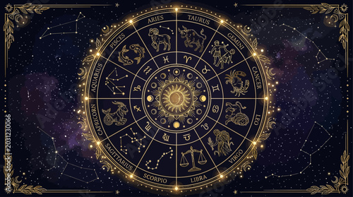 Cuadro en lienzo Elaborate golden astrological zodiac wheel with intricate constellations and mys