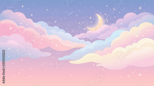 Schilderij op canvas Whimsical Pastel Dreamscape at Night with a Serene Crescent Moon and Twinkling S