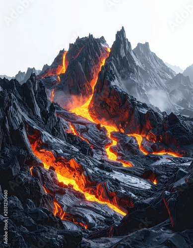 Molten lava cascades down dark, craggy mountain slopes