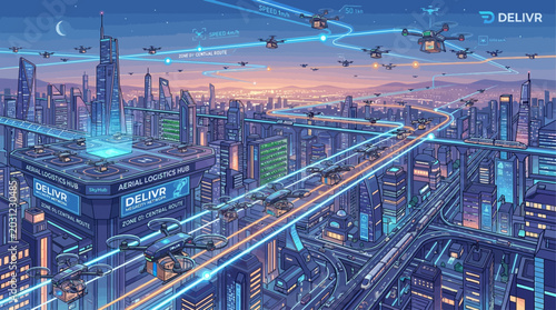 Bild auf Leinwand Futuristic city with autonomous drone delivery network in a smart urban landscap