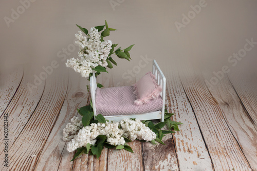 Newborn Photography Prop Bed with White Lilac Flowers