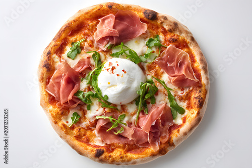 Modern Italian Pizza with Burrata, Prosciutto Crudo, and Fresh Arugula on a Rustic Wooden Surface