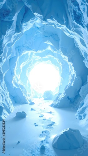 Glowing icy tunnel with light and frozen path leading onward