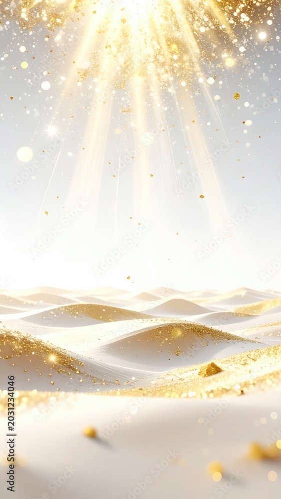 Obraz premium Golden rays illuminate a serene, sparkling landscape of white sand dunes