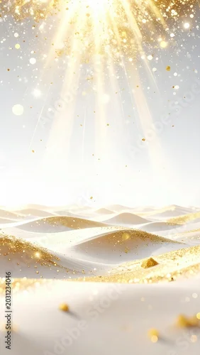 Fototapeta samoprzylepna Golden rays illuminate a serene, sparkling landscape of white sand dunes