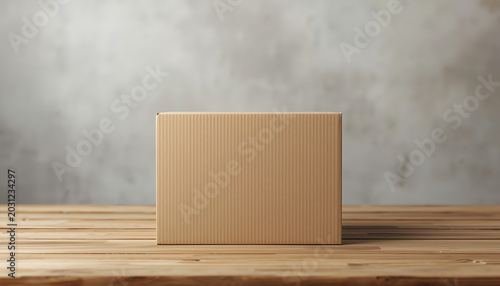 Cardboard box on wooden table against white background