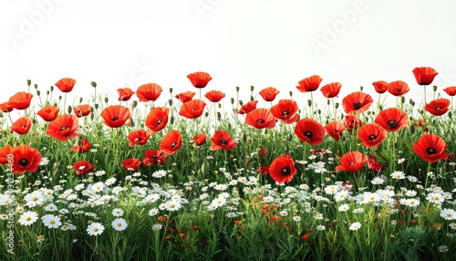 Vivid red poppies and white daisies bloom abundantly in a sunlit, green meadow