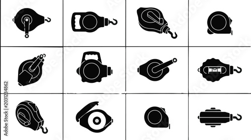Collection of various plumb bob and chalk line reel silhouettes for construction and measurement.