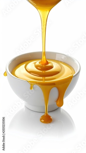 Golden, viscous liquid pouring into a white bowl, dripping over edges