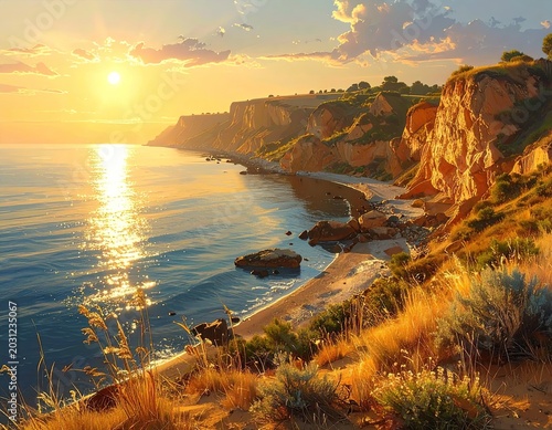 Golden sun sets over rugged coast, casting warm light on sea and cliffs