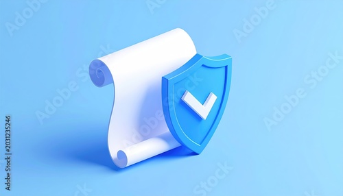 A white scroll document secured by a blue shield with a checkmark icon