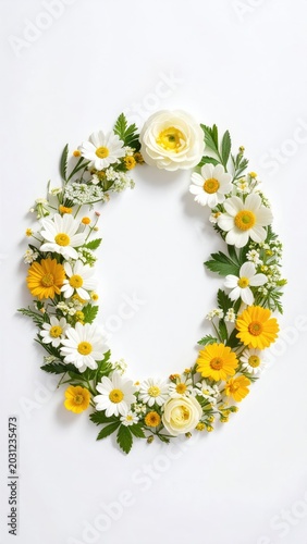 A circular arrangement of white and yellow flowers and green leaves on a white background