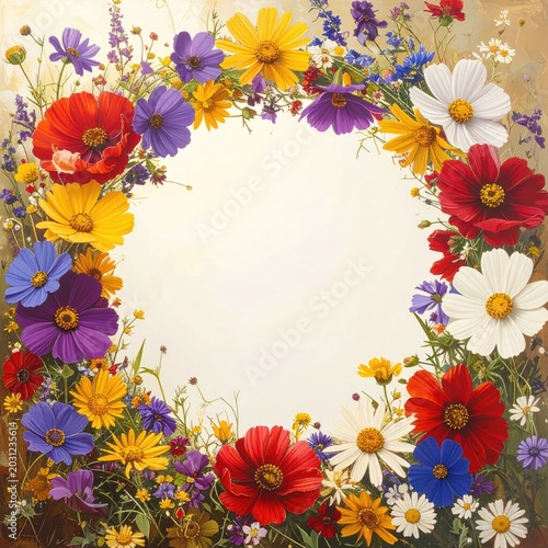 Vibrant circular floral wreath with varied colorful wildflowers