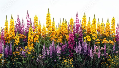 Vibrant border of tall yellow and purple flowers against a white background