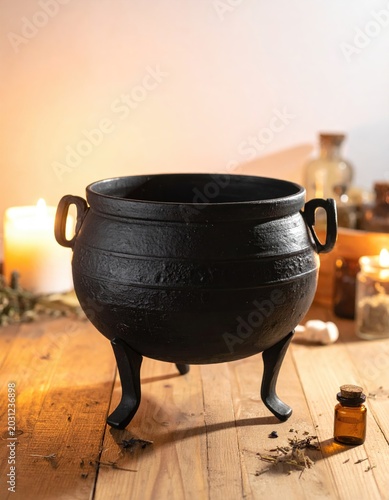 A dark, heavy pot on three legs, surrounded by mystical items, lit by soft candle flames