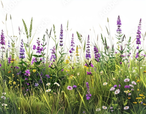 Lush meadow with vibrant purple, yellow, and white wildflowers and grasses