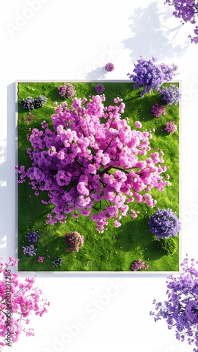 Aerial view of a vibrant, blossoming tree with pink flowers amidst lush greenery