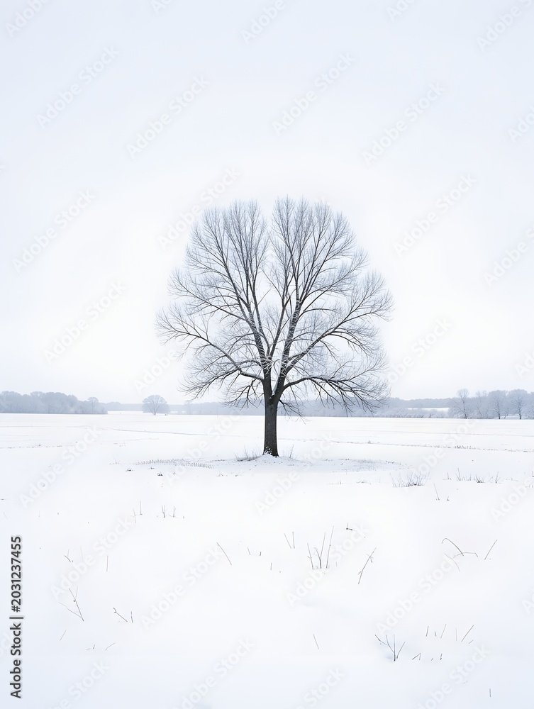 Fototapeta premium Lone tree in flat white winter field