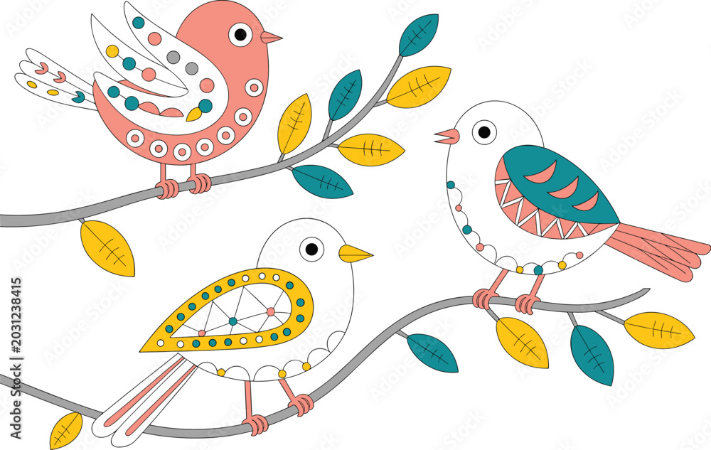 Obraz premium Three decorative birds on branches 
