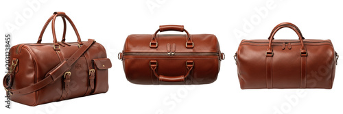 Classic Brown Leather Duffel Bag Travel Luggage Set Isolated on Transparent Background, Vintage Travel Gear PNG Collection