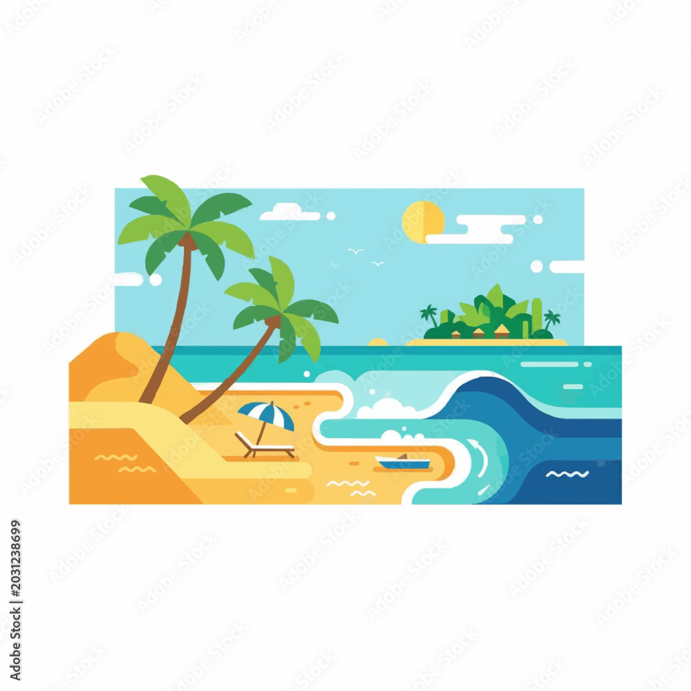 Fototapeta premium Tropical Beach Scene with Palm Trees and Waves Flat Design Vector
