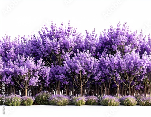 A dense stand of trees with purple blossoms and flowering bushes