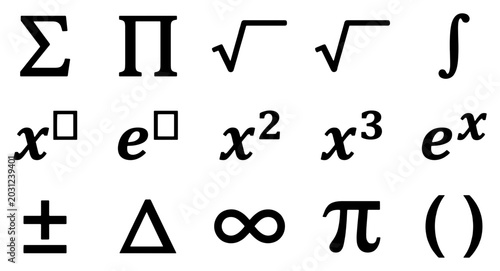 Photos Mathematical symbols and scientific notation set, black algebra icons on white b