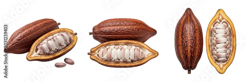 Whole and Cut Open Brown Cocoa Pod with Beans Set Isolated on Transparent Background, Tropical Cacao Fruit PNG Collection