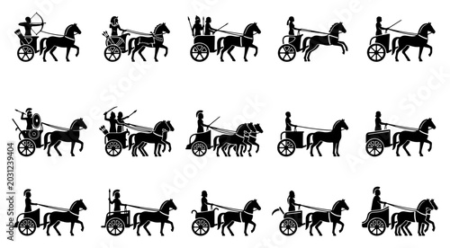 Canvastavla Ancient war chariot silhouettes set, 15 historical horse drawn carriage icons, a