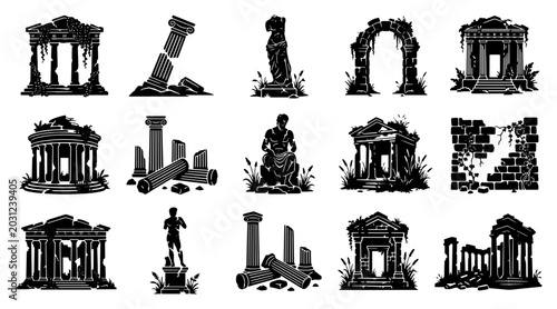 Slika na platnu Ancient Greek ruins silhouette collection, 15 black vector icons of broken roman