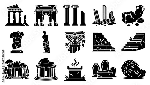 Tableau sur toile Ancient Greek and Roman ruins icon set, 15 black silhouette vector elements of a