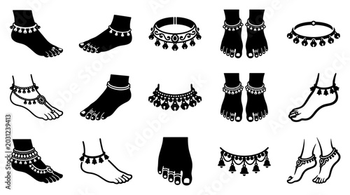 Bild auf Leinwand Traditional Indian anklet icons set, ethnic payal jewelry on feet vector illustr